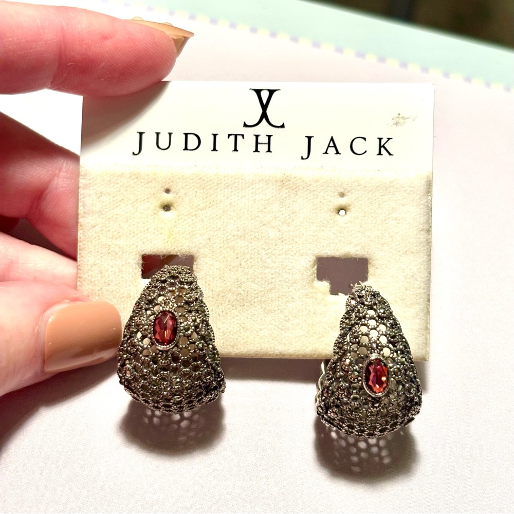 NWT Judith Jack 925 Silver Marcasite Basket Hoop Red Garnet Earrings